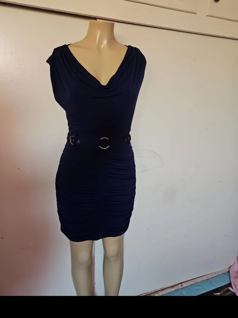 Laundry by Design Navy Cowl Neck Ruched Mini Dress with Belt